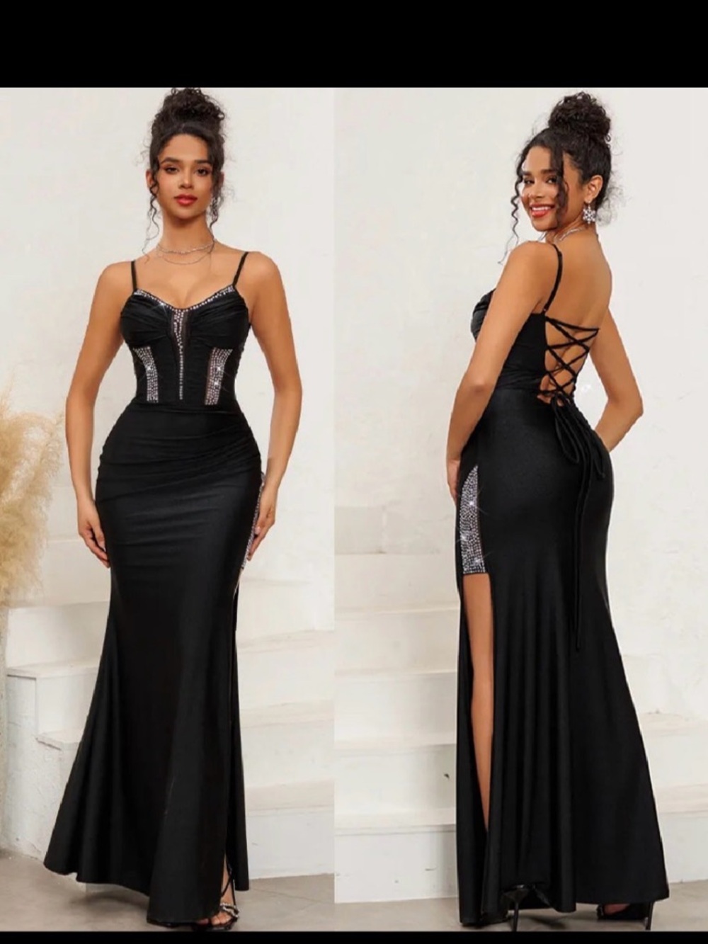 Black Sequin-Trim Lace-Up Back Evening Gown